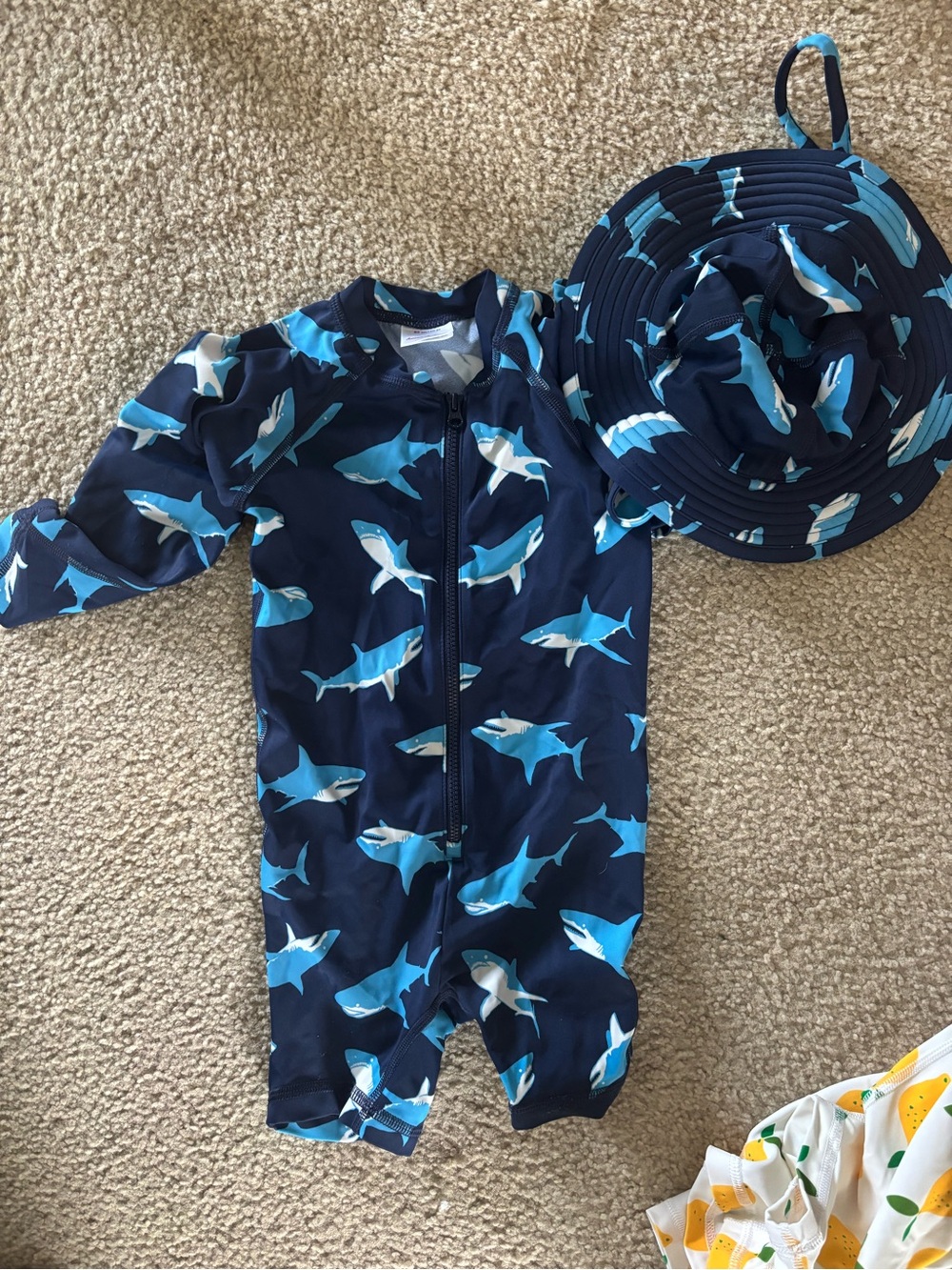 Hanna Andersson Navy & Blue Shark Rashguard One-Piece with Matching Hat